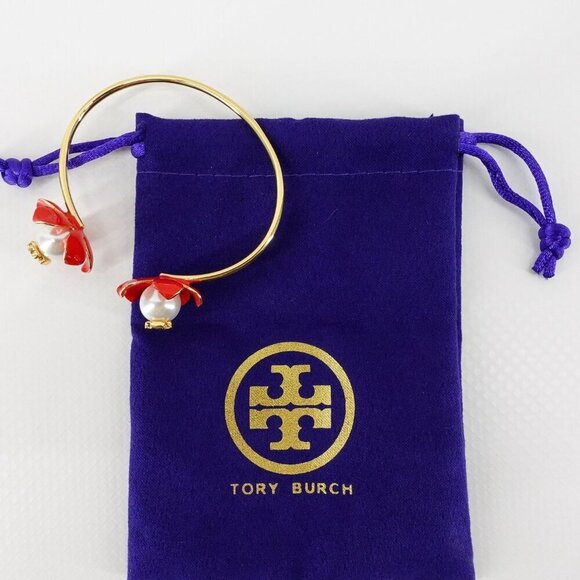 Tory Burch Golden and Red Flower Pearls Bracelet Red OS - Picture 12 of 12